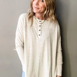 Ces Femme Clothing Latte Henley Long Sleeve