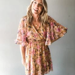 Peach Love California Clothing Fine In Floral Bell Sleeve Dress