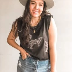 Project Social T Leopard Shoulder Pad Muscle Tank Clothing